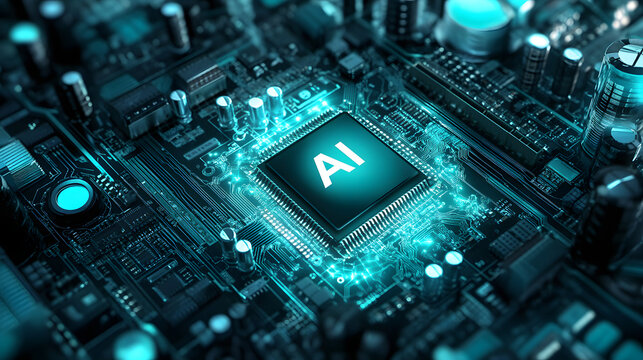 Technology banner background. blue green tech background. abstract futuristic circute illustration, AI chip or semiconductor in center, concept for furete tech, ai and KI