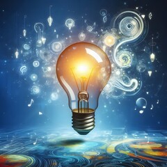 Creative light bulb abstract on glowing blue background generative AI