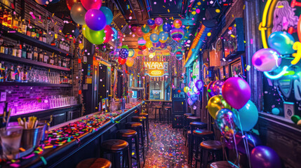 A vibrant New Year's Eve bash with colorful decorations, balloons, confetti, and neon signs lighting up the space