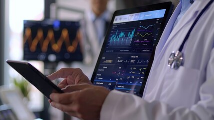 Healthcare professional analyzing medical data on tablet for efficient patient care