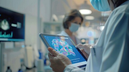 Healthcare professionals analyzing medical data on digital tablet in modern laboratory