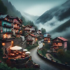 A beautiful foggy village