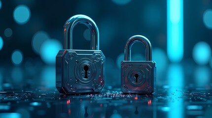Digital padlock for computing system on dark blue background, cyber security technology for fraud prevention and privacy data network protection concept, internet firewall web digital safety wallpaper