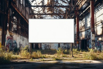 Obraz premium Abandoned industrial building with graffiti features a massive blank billboard in the center