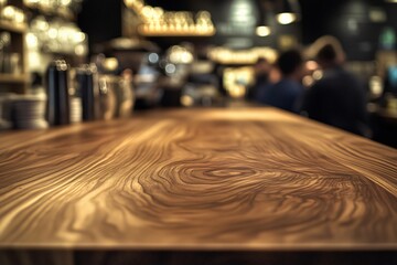 Glossy wooden countertop offering ample space for showcasing products or designs in a busy coffee shop environment