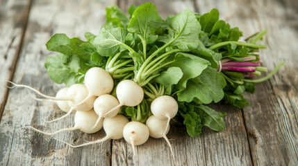 Fresh White Turnips on Rustic Wood