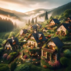 A beautiful foggy village