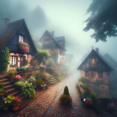 A beautiful foggy village
