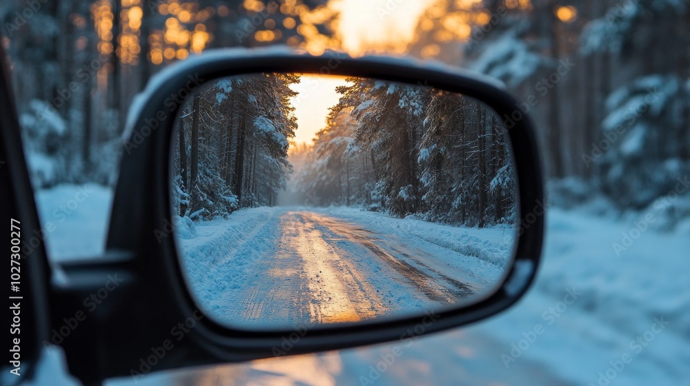 Poster a car's rear view mirror shows a snowy road with trees in the background