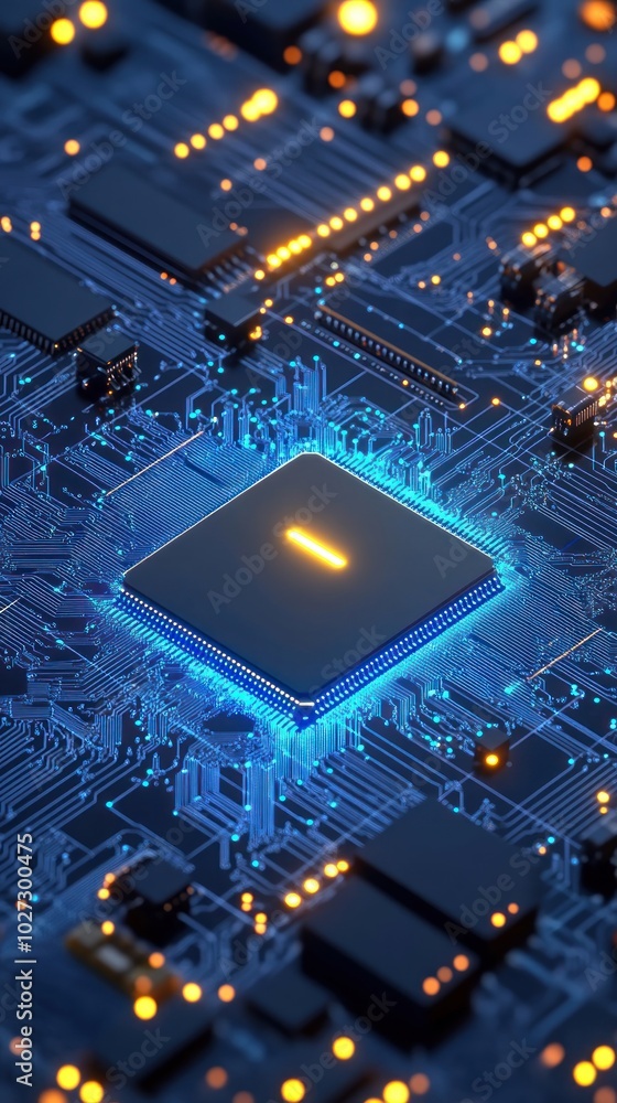 Poster illuminated microchip on a circuit board with glowing tracks