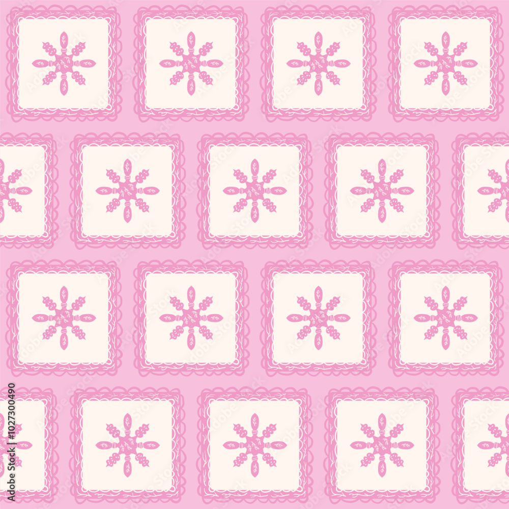 Poster seamless pattern with pink snowflakes and decorative square frames on a light background. vector han