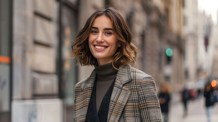 Fototapeta premium A woman confidently walking down the street in a chic outfit, with soft natural makeup and a radiant smile