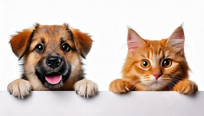 Uśmiechnięty pies i kot zerkający zza pustej białej tablicy na przezroczystym tle