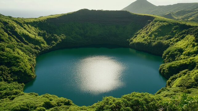 Enchanting Volcanic Crater Lake Nestled in Lush Green Foliage - Powered by Adobe