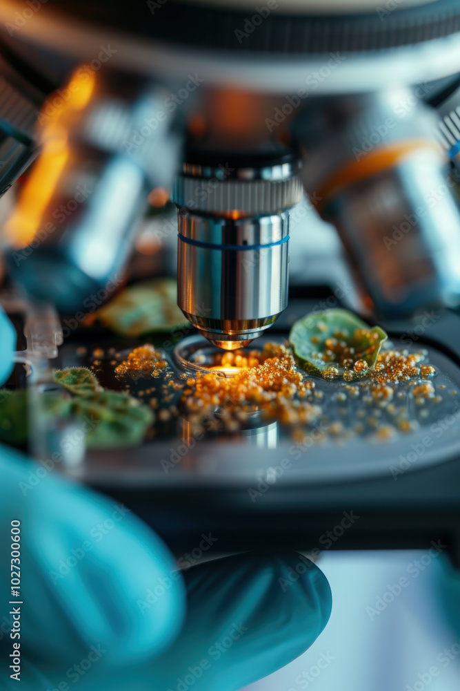 Poster scientist in lab coat examines sample under microscope with high precision
