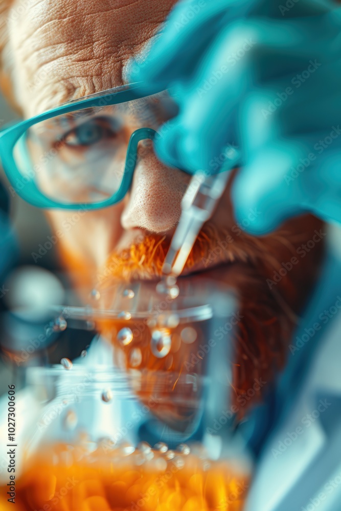 Poster scientist in lab coat conducting experiment with pipette and test tubes