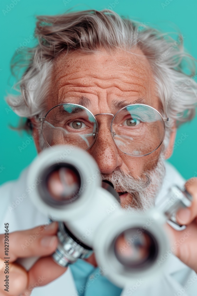 Poster scientist in lab coat examines microscope with focused attention in laboratory environment