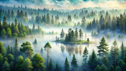 Obraz premium A serene long exposure watercolor captures the ethereal beauty of a misty forest, featuring towering pine trees, inviting nature lovers to immerse in tranquility.