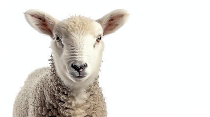 Obraz premium A white sheep with large, dark eyes looks directly at the camera.