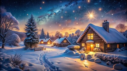 A serene snowy village at night, softly lit windows glow warmly. Snowflakes gently fall, creating a magical winter wonderland filled with peaceful charm and serenity.