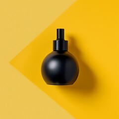 Obraz premium Sleek black perfume bottle on a vibrant yellow background, symbolizing elegance and modern luxury.