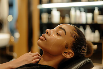 A woman undergoing a transformative beauty experience in a luxurious salon, her hair and makeup evolving