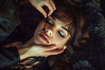 A woman undergoing a transformative beauty experience in a luxurious salon, her hair and makeup evolving