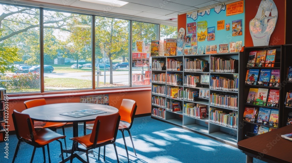 Poster a library reading corner with a bookcase full of books