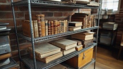 Closeup of a contemporary metal bookshelf displaying vintage hardcover books and antique decor in a minimalistic setting
