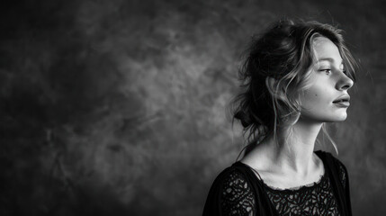 Black-and-white portrait of a woman, emphasizing her timeless beauty and grace in a minimalist setting