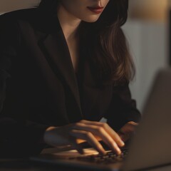A woman in a dark blazer types deliberately on her laptop, exuding focus and determination in a dimly lit setting.