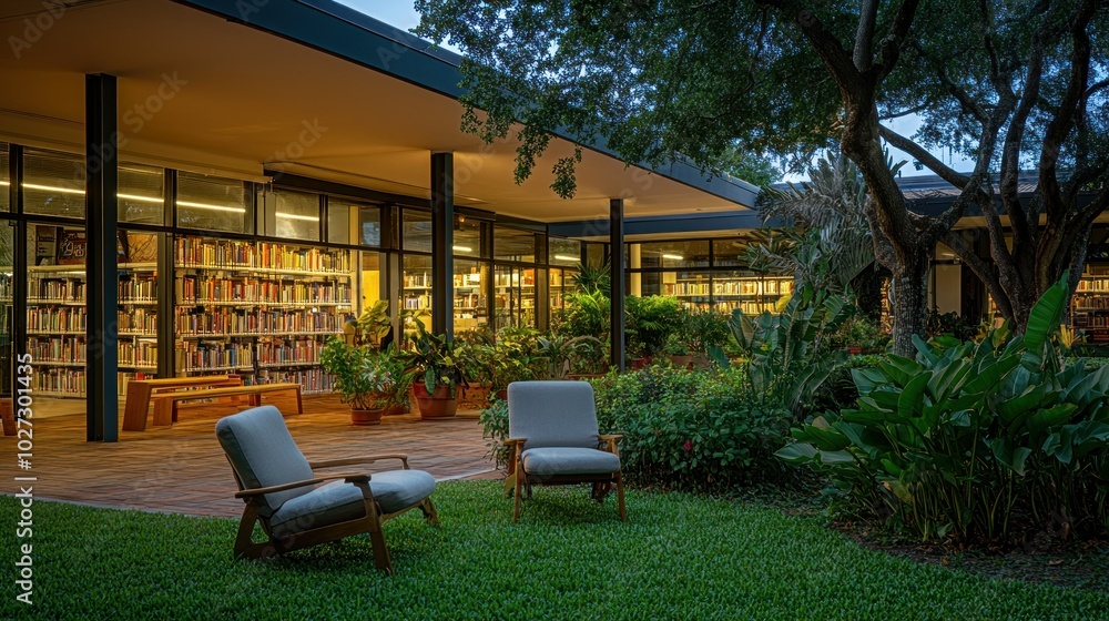 Aufkleber Two Armchairs on a Patio Overlooking a Library with a Green Lawn