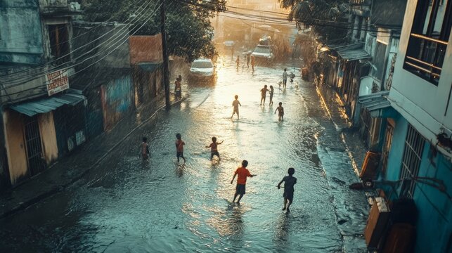 Children Playing in a Flooded City Street During the Monsoon Season