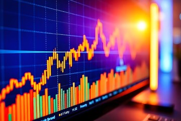 Closeup financial chart with uptrend line candlestick graph in stock market on blue color monitor background