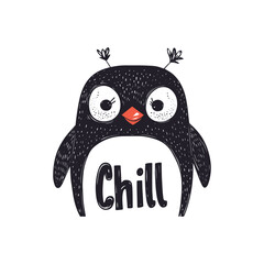 Hand-Drawn Penguin with Chill Text for children s designs, fun prints, or playful projects with a cool, relaxed vibe.