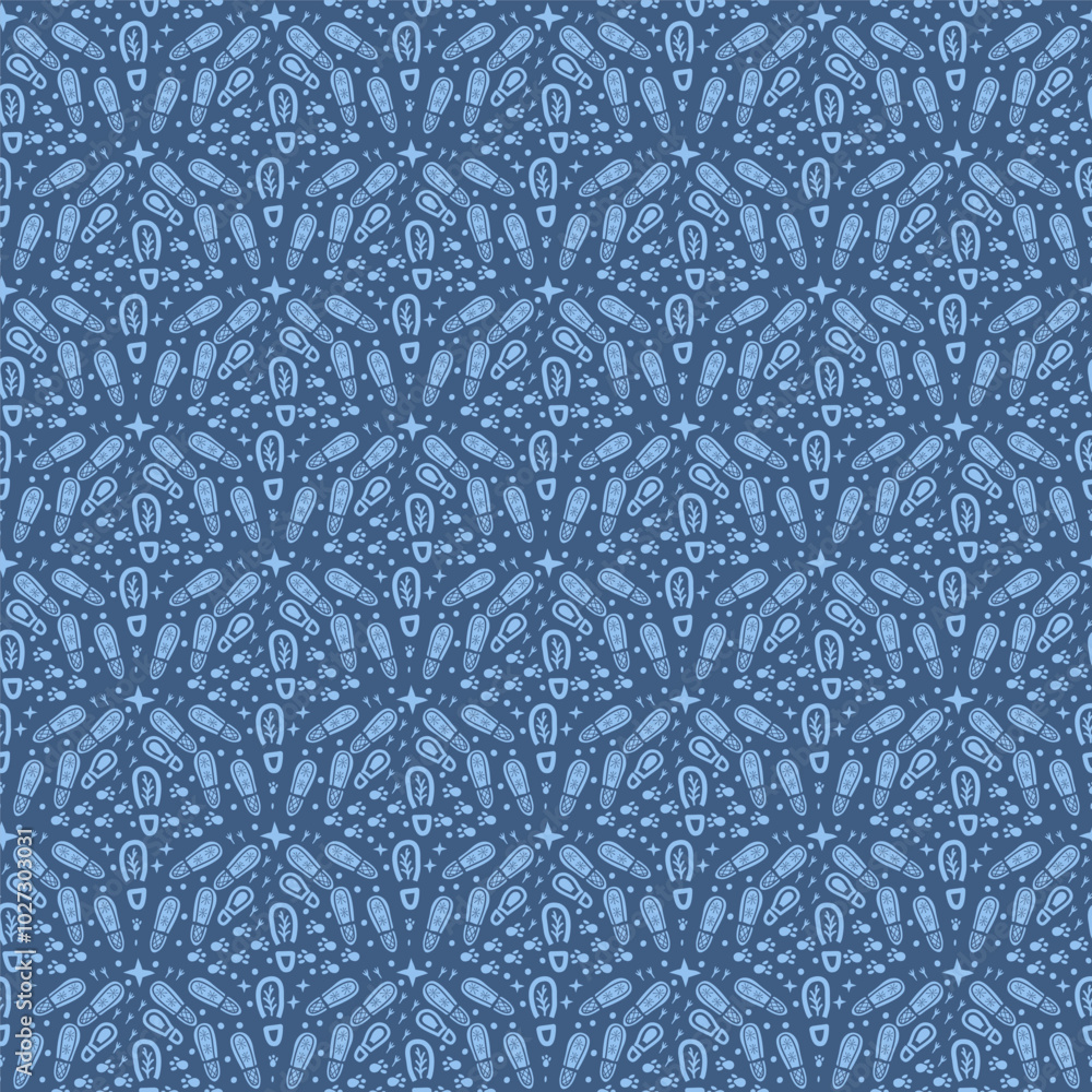 Poster footprint seamless pattern. winter bootprints endless background. surface pattern cold season design