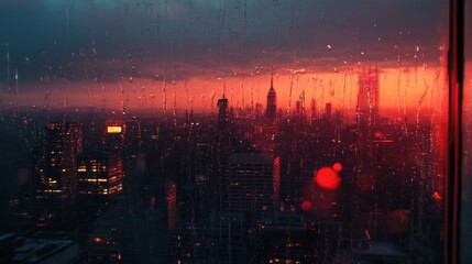 Fototapeta premium Rainy sunset cityscape view from a window.