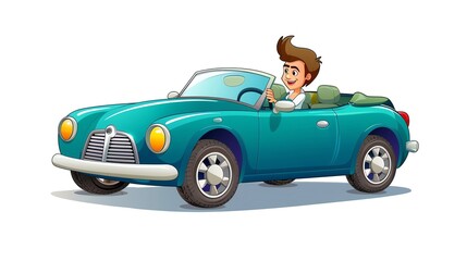 Obraz premium A cartoon man driving a blue convertible.