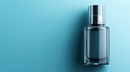 Naklejka premium Minimalist image of an elegant glass perfume bottle on a smooth blue background with soft lighting highlighting the sleek design and reflective surface of the container.