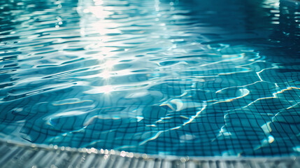 The water in the pool is calm and clear, reflecting the sunlight. Spa, water wellness, fitness background with copy space