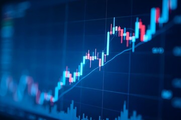 Closeup financial chart with uptrend line candlestick graph in stock market on blue color monitor background