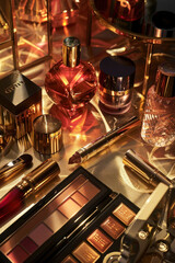 High-end beauty products displayed in a high-fashion editorial style, dramatic lighting creating a sense of luxury