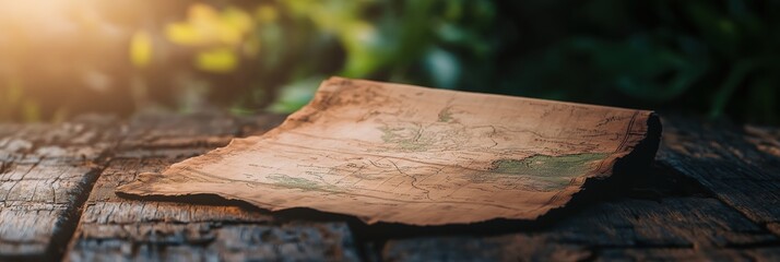 A close-up of an ancient map lying on a rustic wooden table, surrounded by blurred foliage, symbolizing exploration, history, and adventure.