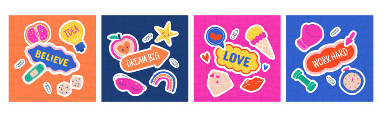 Square posters with cute diary journal stickers for personal daily planner, diaries, to do list or scrapbook. Trendy hand drawn labels, print elements and inspirational quotes for social media posts