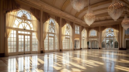 Sunbeams illuminate a large, empty ballroom with large windows and ornate chandeliers.