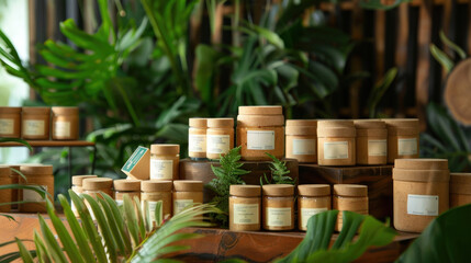 Fototapeta premium Organic skincare products displayed in reusable containers, set against a backdrop of green plants