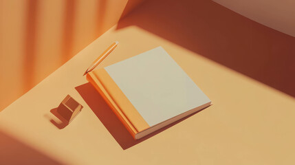 Sunlit Notebook Mockup: A stylish, minimalist flat lay showcasing a blank notebook, pen, and geometric shadow. Perfect for branding, stationery, or lifestyle projects.