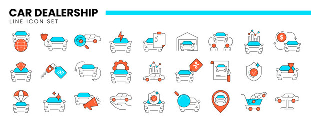 Naklejka premium Auto dealership thin line front icons set of car dealer, automotive industry, rental service or vehicle maintenance. Linear symbols of repair, transportation insurance, exchange or buy new cars
