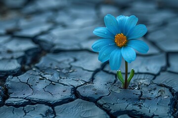 Resilience and Hope: Blue Flower Blooming in Dry Cracked Earth