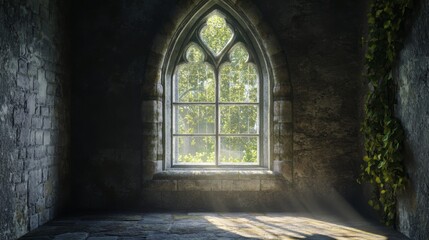 Obraz premium Sunlight streams through a gothic arched window in a stone room.